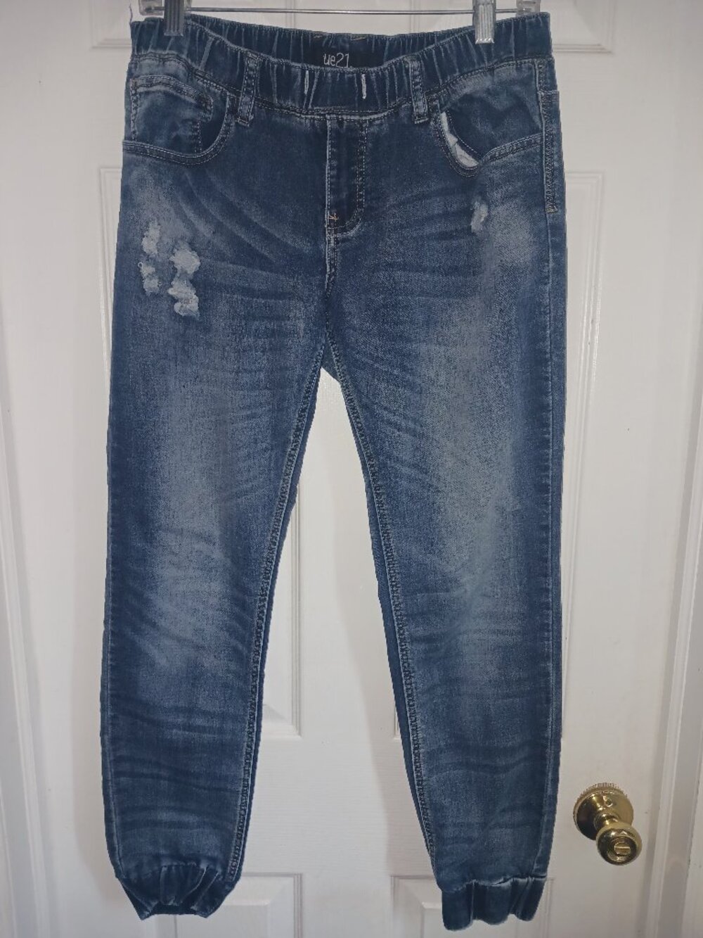 rue21 Womens Blue Denim Jogger Jeans Size L Distressed Elastic Waist Stretch